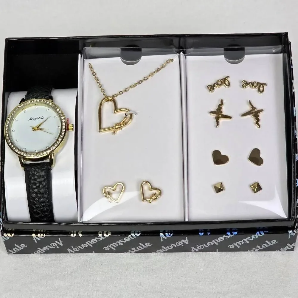 Aeropostale Watch Jewelry Set Necklace Earrings Gold Tone